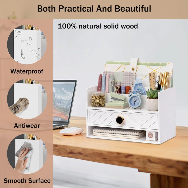 dreampossible white Wood Desk Organizer and Accessories with Drawer  Bill Mail Organizer and File Mail Holder for Office Supplies  Desk Accessories & Workspace Organizers for Desk Organization - Image 2